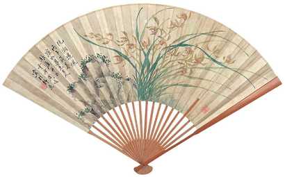 周峻 吴郁生 丙子（1936年）作 兰花 书法 成扇